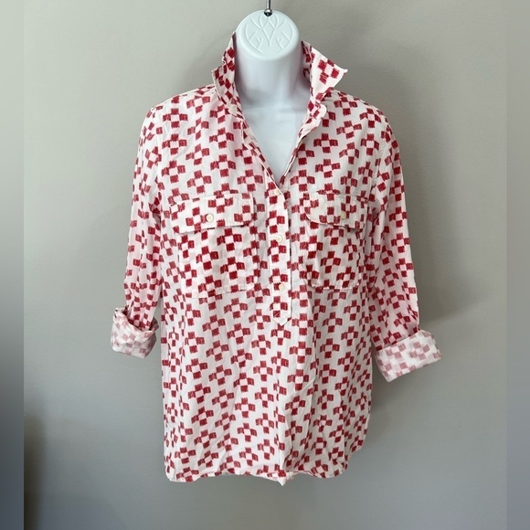 Madewell red and white patterned long sleeve collared pop over top size small - Picture 2 of 8